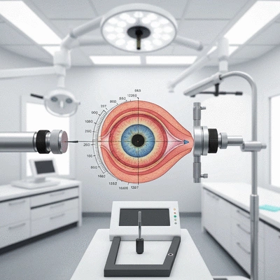 Detailed illustration of an eye undergoing corneal thickness measurement