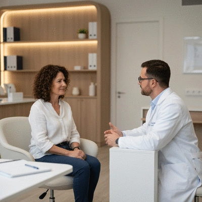A patient consulting with an ophthalmologist, discussing post-operative care, in a modern clinic setting, professional and reassuring atmosphere, no text, no words, no typography, 8K