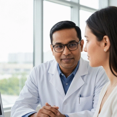 Eye care specialist consulting with a patient, showing a professional and reassuring interaction.