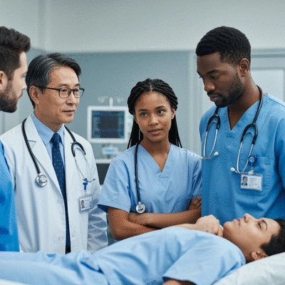 A diverse group of medical professionals in a modern hospital setting, discussing patient care