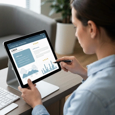 Patient reviewing LASIK surgery value and outcomes on a tablet, clean image