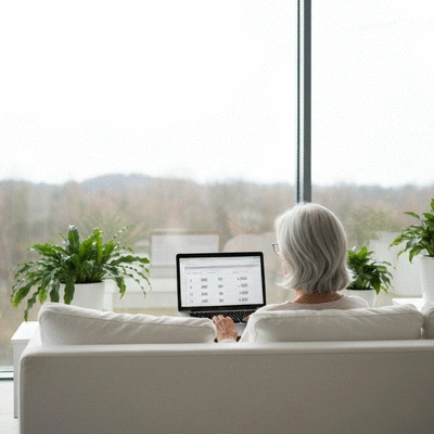 Person using a laptop to calculate costs with a calculator icon on screen