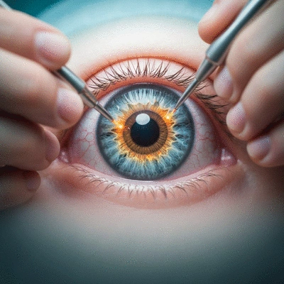 Detailed close-up of an eye undergoing a simulated LASIK procedure with laser light
