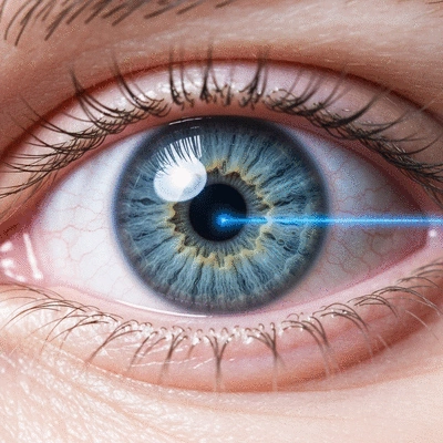 Close-up of an eye with a laser beam correcting vision, symbolizing LASIK surgery