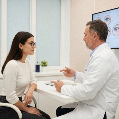 Patient discussing vision correction options with an ophthalmologist in a modern clinic setting, clear and friendly interaction, no text, no words, no typography, no labels, clean image