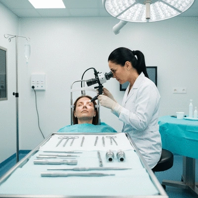 Ophthalmologist performing an eye exam with advanced equipment