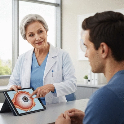 Ophthalmologist consulting with a patient, explaining eye health on a tablet, no text, no words, no typography, 8K