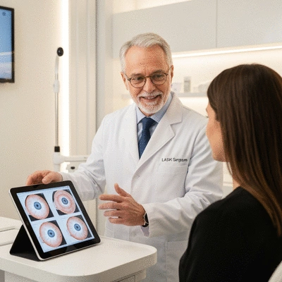 LASIK surgeon explaining procedure to patient during a consultation