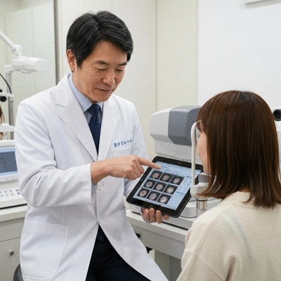 Doctor and patient discussing eye health on a tablet, modern clinic setting