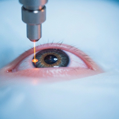 Close-up of an eye undergoing laser treatment, showing a precise laser beam on the cornea, sterile environment, no text, no words, no typography, no labels, clean image