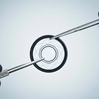 Close-up of an intraocular lens (IOL) being gently held with surgical tools, with a soft focus on the intricate design of the lens and a clean, sterile background