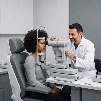A patient undergoing an eye examination with modern ophthalmic equipment, featuring a doctor carefully adjusting the machinery and the patient looking forward, with a clean, professional clinic setting in the background