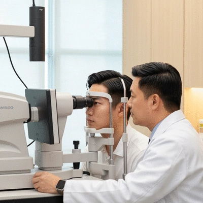 Person getting an eye exam in a modern clinic in Singapore, clear and bright lighting, professional setting, no text, no words, no typography, 8K