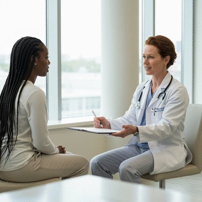 Patient discussing pre-surgery preparation with a doctor in a modern clinic, clear communication, no text, no words, no typography