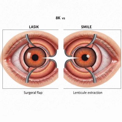 Detailed illustration comparing LASIK and SMILE procedures on a human eye, showing flap creation versus lenticule extraction, no text, no words, no typography, 8K, clean image