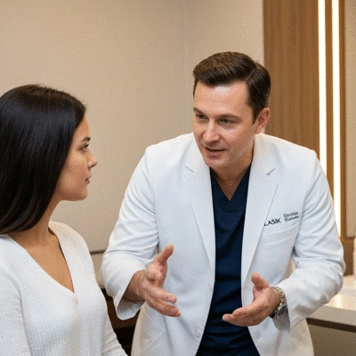 Experienced LASIK surgeon consulting with a patient in a modern clinic setting, highlighting trust and professionalism