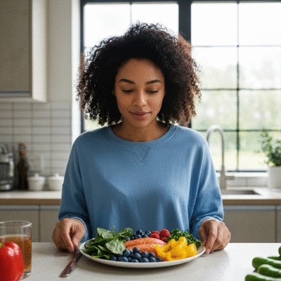 Person looking at a balanced plate of eye-healthy foods