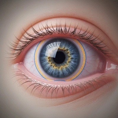Detailed diagram of an eye with an Implantable Contact Lens (ICL) positioned behind the iris, showing its placement relative to the natural lens and cornea.