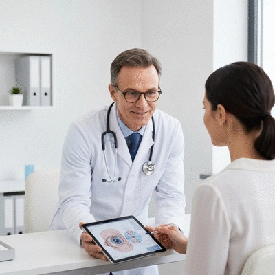 Eye specialist consulting with a patient in a modern clinic, discussing eye health