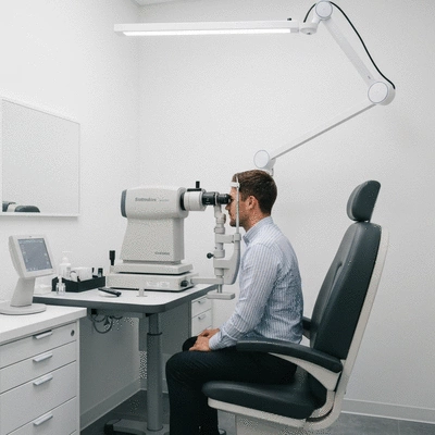 Person undergoing an eye examination with advanced equipment