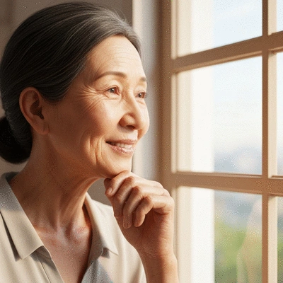 Happy woman looking out window, glasses removed, clear vision, no text, no words, no typography, 8K