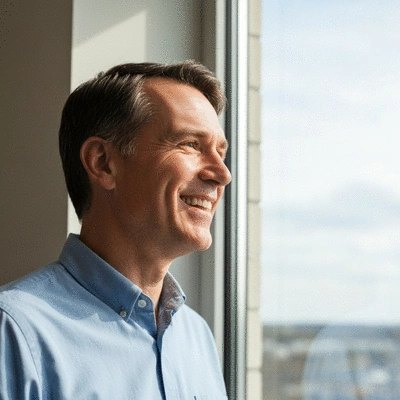 Patient smiling happily after successful refractive surgery, looking out a window with clear vision. No text, no words, no typography, no labels, clean image