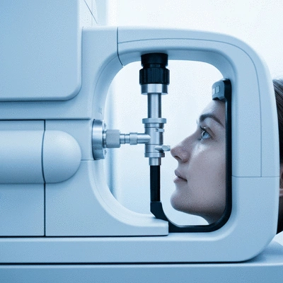 Close-up of an eye being scanned by a digital imaging system, futuristic medical setting