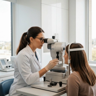 Eye doctor performing a comprehensive eye examination on a patient