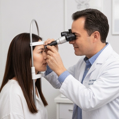 Person receiving an eye exam, representing long-term follow-up care after LASIK, clean image, no text, no words, no typography, no labels
