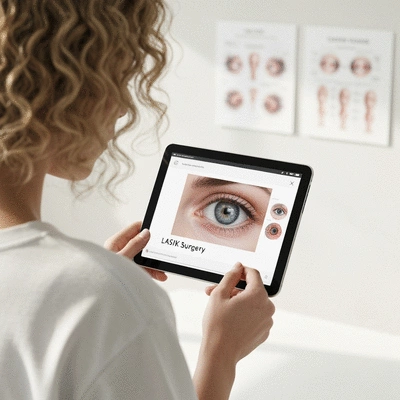 Person researching LASIK surgery on a tablet with medical charts in the background, no text, no words, no typography, clean image
