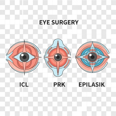 Diagram or infographic showing different eye surgery options like ICL, PRK, and EPILASIK, no text, no words, no typography, clean image