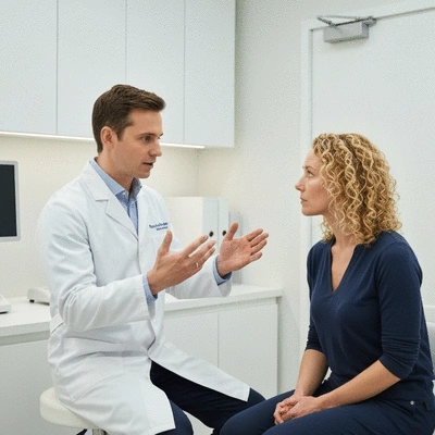 Eye surgeon consulting with a patient in a modern clinic setting, no text, no words, no typography, clean image