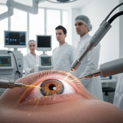 Close-up of an eye undergoing a vision correction procedure, with lasers and medical equipment in the background, clean and modern aesthetic, no text, no words, no typography, 8K