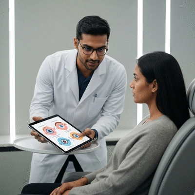 Eye doctor explaining post-operative care to a patient, showing diagrams of eye health on a tablet, professional setting, no text, no words, no typography, clean image