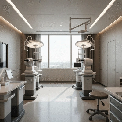 Modern eye clinic interior with advanced laser eye surgery equipment, clean and sterile, no text, no words, no typography, 8K