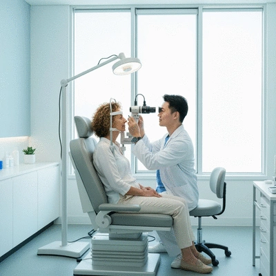 Patient undergoing an eye exam at an ophthalmologist's office