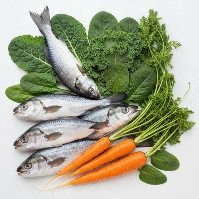 Healthy food choices for eye health, including fish, leafy greens, and carrots