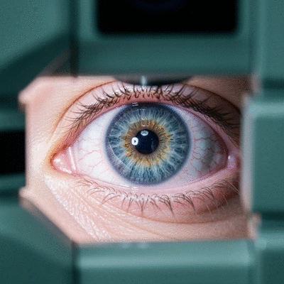 Detailed close-up of an eye undergoing LASIK surgery, with a laser light visible, clean image