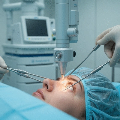 Close-up of a patient's eye undergoing a LASIK procedure, with advanced medical equipment in the background, sterile environment, no text, no words, no typography