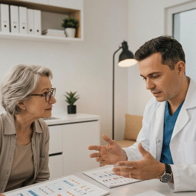 Patient consulting with an ophthalmologist, discussing eye health and treatment options in a modern clinic setting, no text, no words, no typography