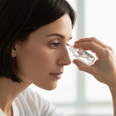 Patient applying eye drops after LASIK surgery