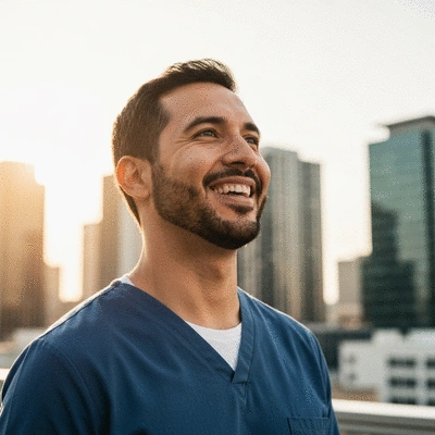 Happy patient looking into the distance after successful LASIK surgery