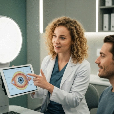 Doctor explaining post-LASIK care to a patient, showing a diagram of the eye, clean image, no text
