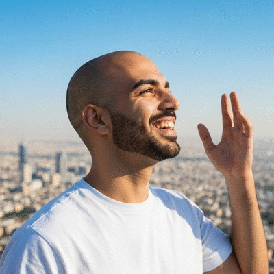 Person looking at a distant cityscape with clear vision after eye surgery, no glasses