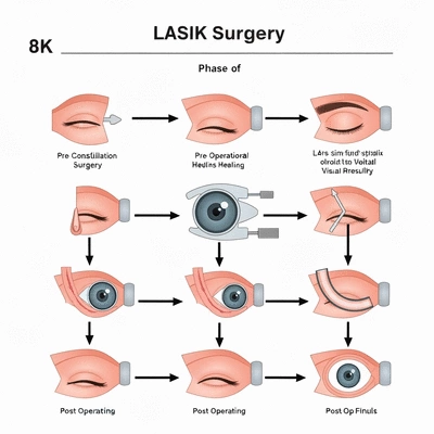 Detailed timeline infographic showing phases of LASIK surgery from consultation to post-op care, clean image, no text, no words, no typography, no labels