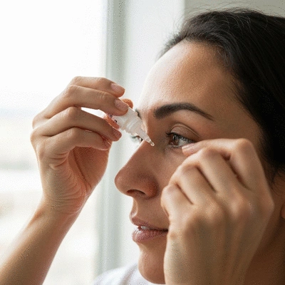 Person applying eye drops after LASIK surgery, close up on eyes