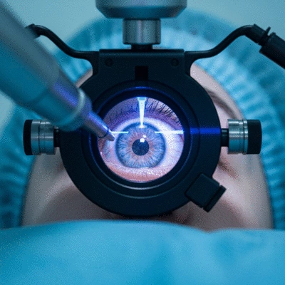 Close-up of an eye undergoing laser refractive surgery, with a gentle blue light, representing advanced technology and precision. No text, no words, no typography, no labels, clean image