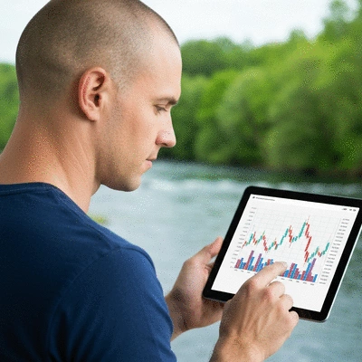 Person looking at a financial chart on a tablet, representing LASIK costs and savings