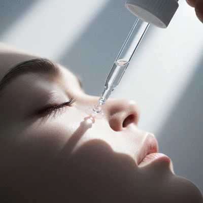 Close-up of eye drops being applied to an eye, clean image, no text