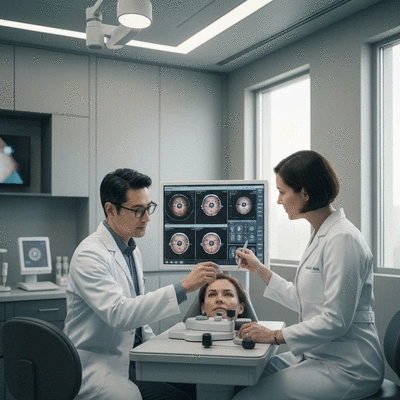 Optometrist and surgeon reviewing patient's eye scans together